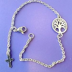 Tree of Life & Dangle Cross Charm Bracelet Stainless Steel SS Silver